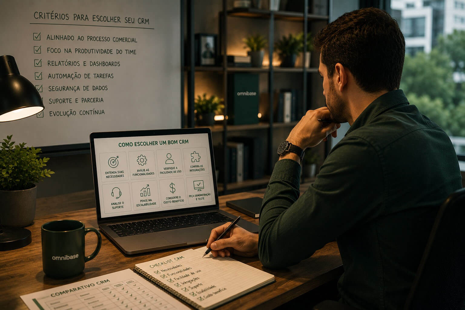 Gestor analisando opções de CRM em um quadro de decisão com múltiplos critérios