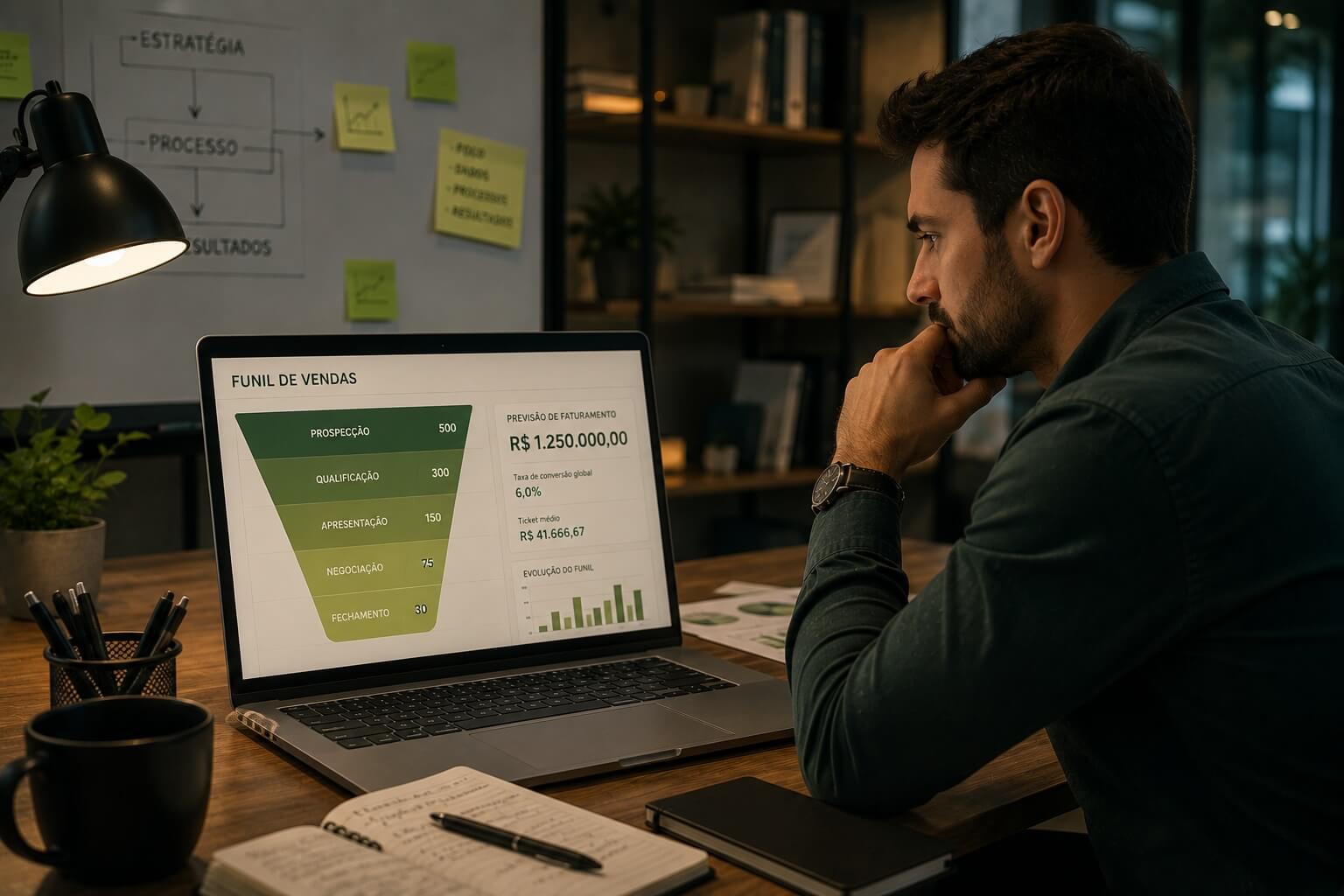 Funil de vendas Kanban com cartões de negociação organizados por etapas comerciais