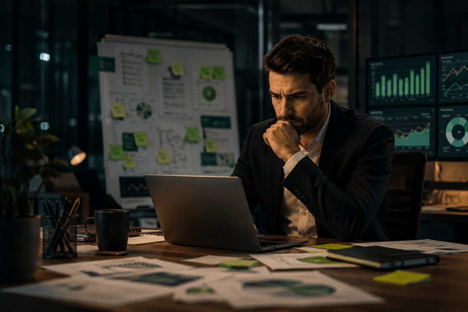 Gestor analisando dashboards e processos manuais numa mesa cheia de anotações